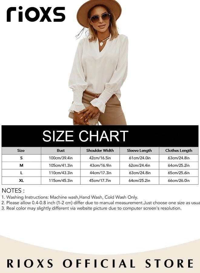RIOXS Women's Solid Color Dressy Chiffon Shirts Notch V-neck Puff Long Sleeve Blouse Loose Fit Casual Tops Office Formal Work Shirts  - Image 2