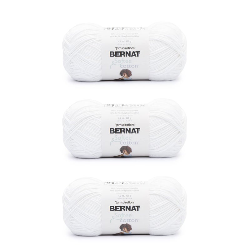 Bernat Softee Cotton Clear White Yarn 3 Pack of 120g425oz Nylon 3 DK Light 254 Yards Knitting Crocheting Crafts