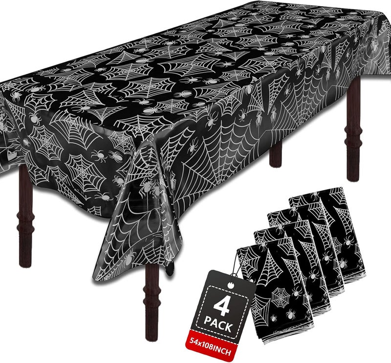 ATFUNSHOP Halloween Tablecloth Plastic 4PACKS 54 X 108 Rectangular Black Spider Web Disposable Table Cover Waterproof Spillproof Table Cloth  Perfect for Halloween Decoration Halloween Dinner Halloween Party - Image 1