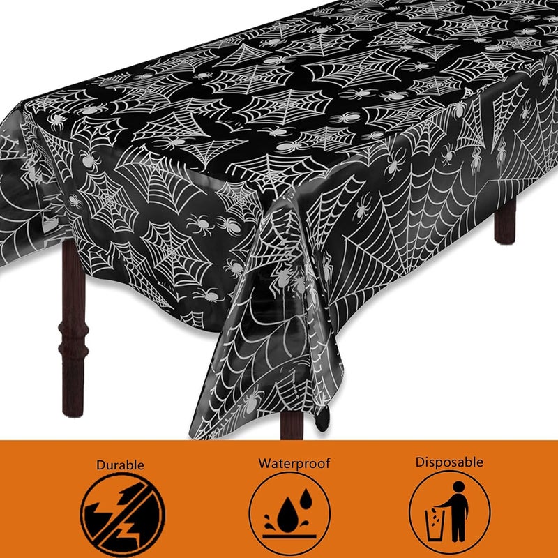 ATFUNSHOP Halloween Tablecloth Plastic 4PACKS 54 X 108 Rectangular Black Spider Web Disposable Table Cover Waterproof Spillproof Table Cloth  Perfect for Halloween Decoration Halloween Dinner Halloween Party - Image 5