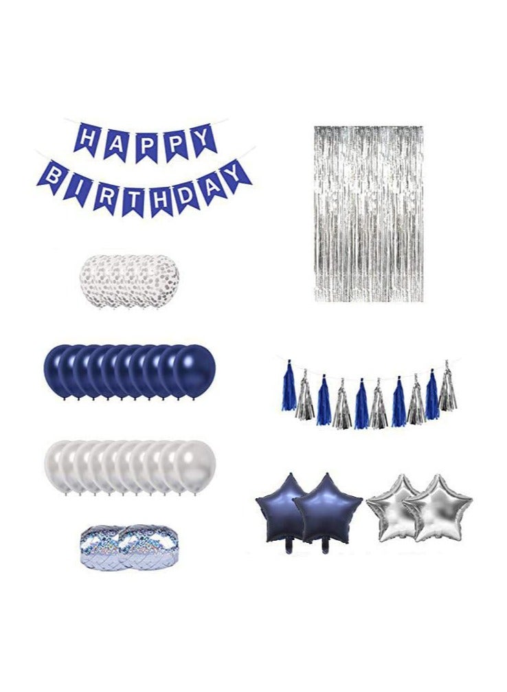 Birthday Party Decoration, Happy Birthday Banner, Silver Fringe Curtain, Pentagram Shaped Balloon, Blue Birthday Decoration for Men Women Girls Boys Kids, Men Women Birthday Decor Set for Him Her - Image 1