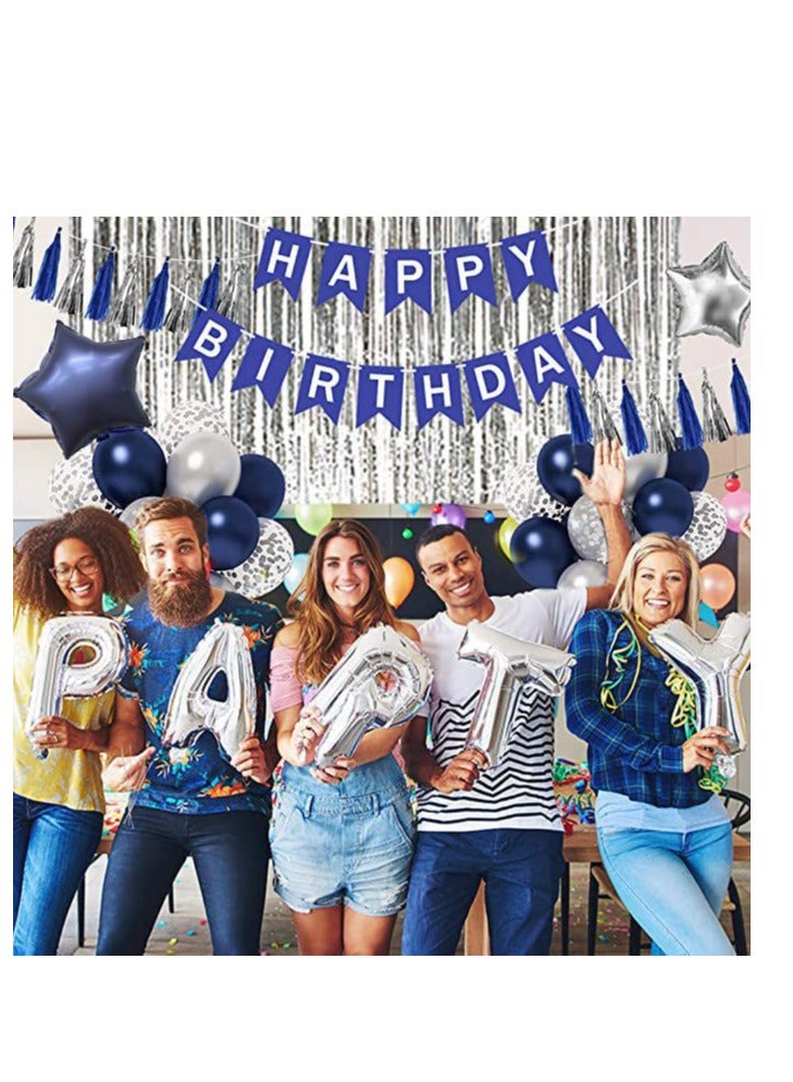Birthday Party Decoration, Happy Birthday Banner, Silver Fringe Curtain, Pentagram Shaped Balloon, Blue Birthday Decoration for Men Women Girls Boys Kids, Men Women Birthday Decor Set for Him Her - Image 2