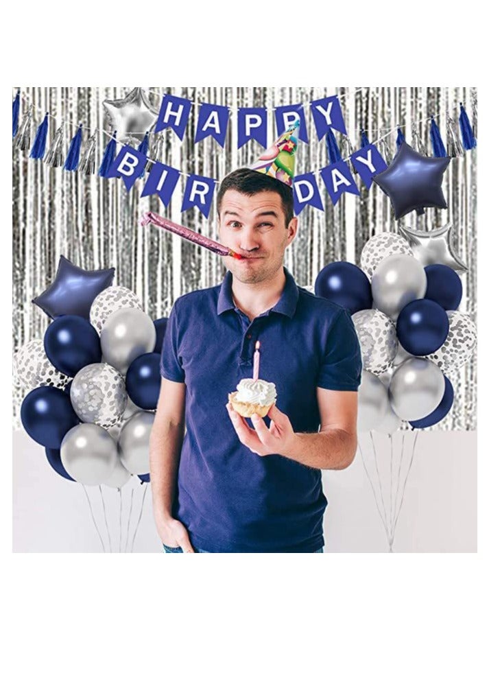 Birthday Party Decoration, Happy Birthday Banner, Silver Fringe Curtain, Pentagram Shaped Balloon, Blue Birthday Decoration for Men Women Girls Boys Kids, Men Women Birthday Decor Set for Him Her - Image 5