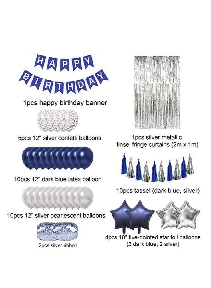 Birthday Party Decoration, Happy Birthday Banner, Silver Fringe Curtain, Pentagram Shaped Balloon, Blue Birthday Decoration for Men Women Girls Boys Kids, Men Women Birthday Decor Set for Him Her - Image 3