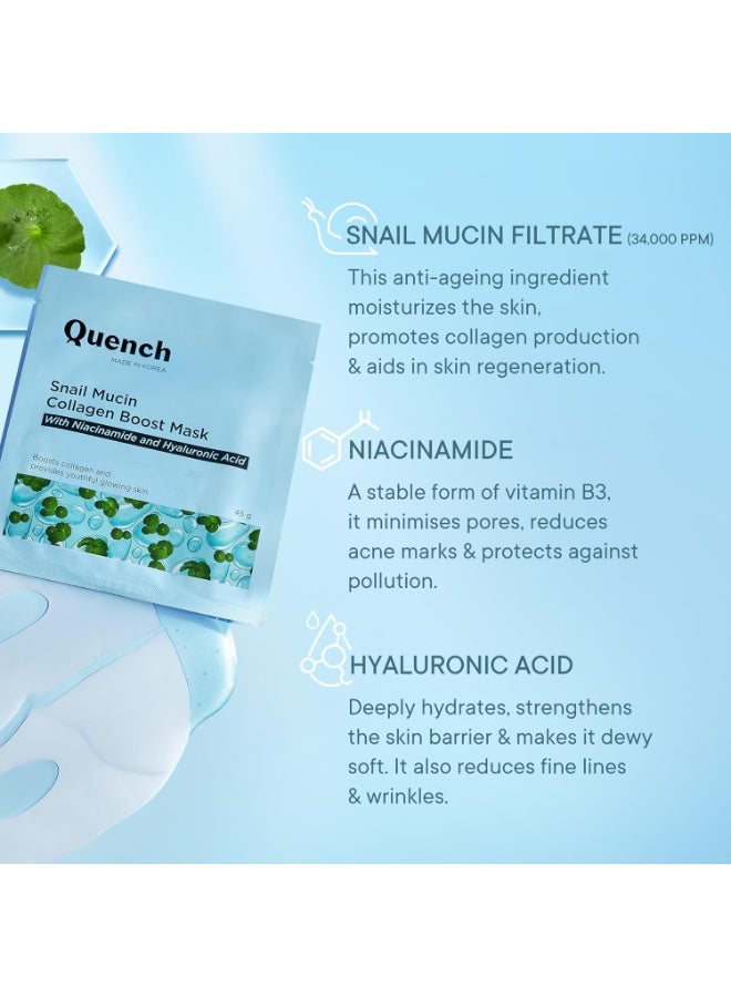 كوينش قناع "Quench" الكوري المعزز بالكولاجين ومستخلص مخاط الحلزون، الغني بالنياسيناميد وحمض الهيالورونيك، لمنحك "بشرة زجاجية" في غضون 5 ساعات | قناع كوري حيوي بالكولاجين يُترك طوال الليل لترطيب عميق | يقلل من التصبغات والتجاعيد والخطوط الدقيقة (45 غرام) - Image 2