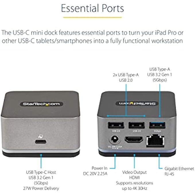 Startech.com .COM USB C MINI DOCK FOR IPAD PRO, ANDROID TABLETS & SMARTPHONES - USB-C TABLET/PHONE DOCKING STATION W/ 4K 30HZ HDMI, 27W POWER DELIVERY CHARGING, 3-PORT USB HUB, GIGABIT ETHERNET (DK30CHPH) - Image 2