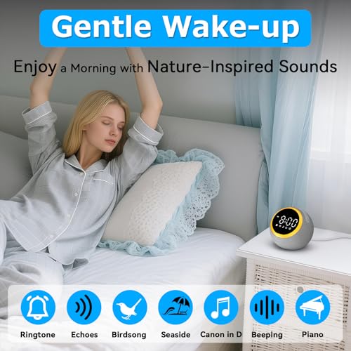 Rohent Sound Machine Alarm Clock for Sleep: Digital Alarm Clocks for Bedrooms, 25 Soothing Sounds, 7 Gentle Wake-up Sounds, 16 Adjustable Volume & Timer, Memory Function - Image 3