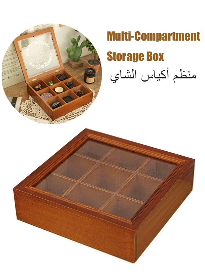DOUGEI Tea Box Tea Bag Organizer, 9 Compartments Wooden Tea Storage Container with Transparent Cover, Multi-Functional Holder for Tea Bags, Coffee Beans, Sweeteners - Image 1