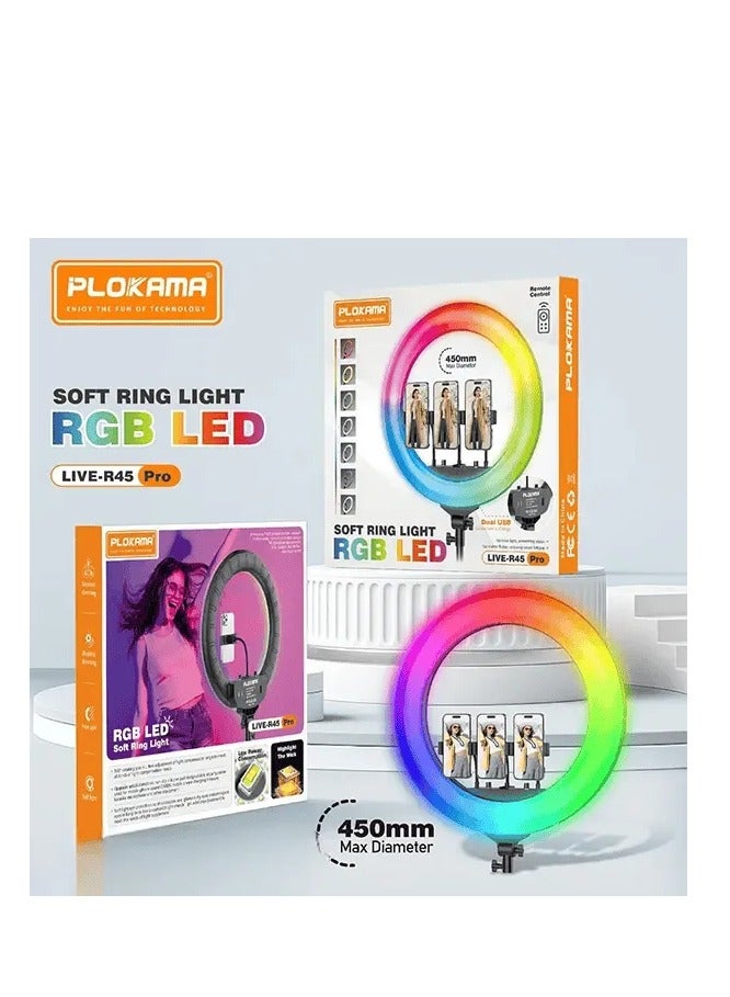 التخطيط إضاءة حلقية Plokama R45 Pro LED RGB ناعمة، 17.5 بوصة، سطوع قابل للتعديل، للتصوير الفوتوغرافي الاحترافي وإنشاء المحتوى - Image 1