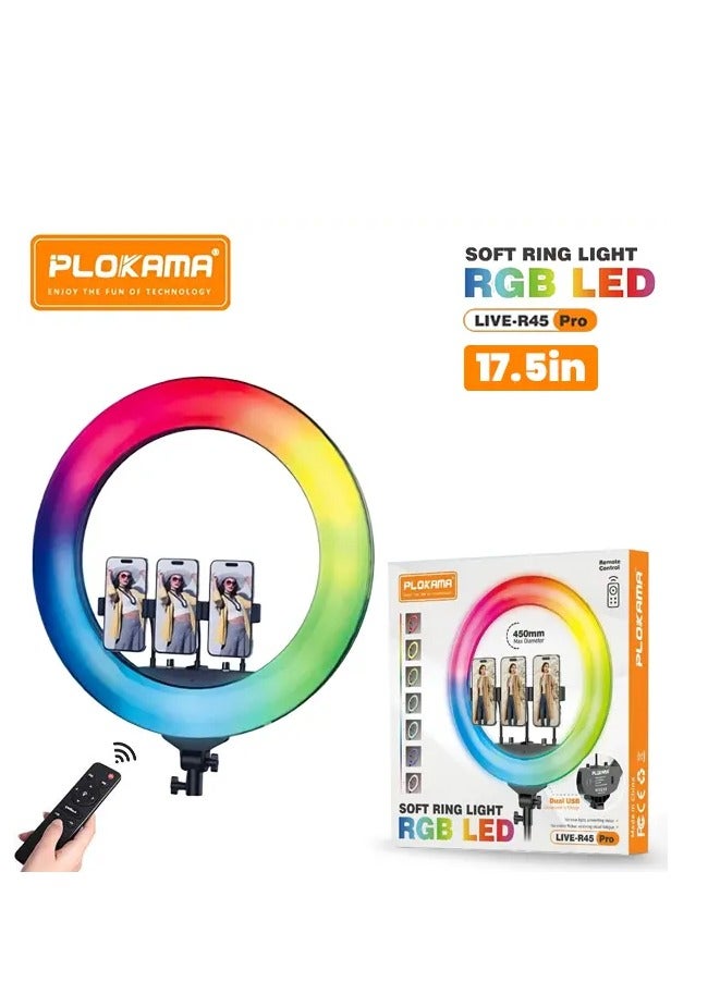 التخطيط إضاءة حلقية Plokama R45 Pro LED RGB ناعمة، 17.5 بوصة، سطوع قابل للتعديل، للتصوير الفوتوغرافي الاحترافي وإنشاء المحتوى - Image 2