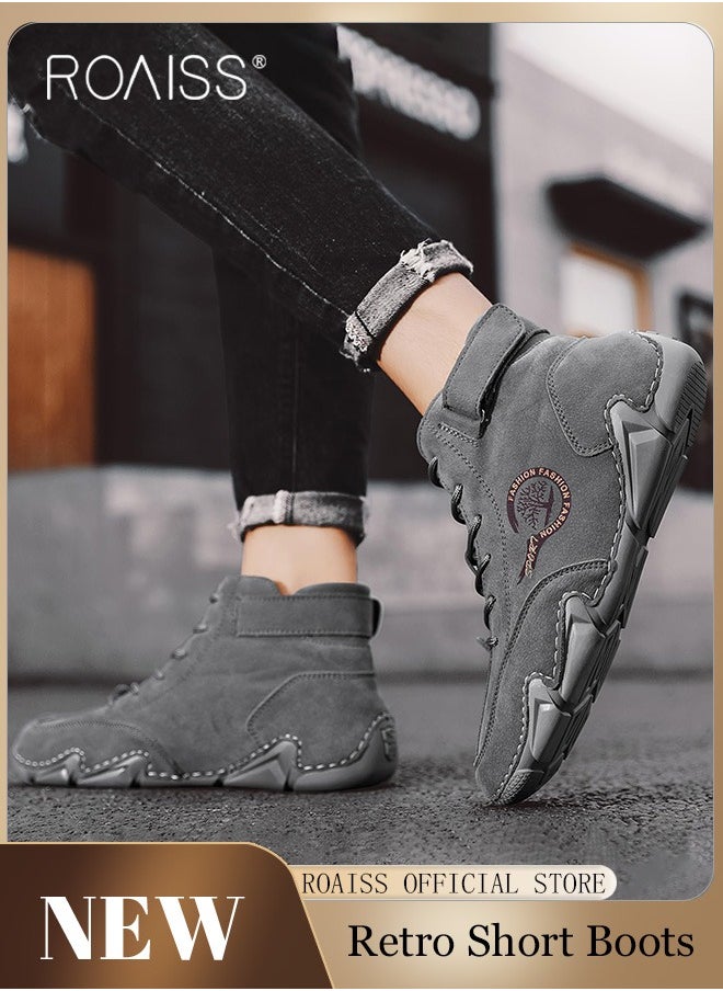 roaiss Men’s Soft Leather Ankle Casual Loafers Lace-Up Anti Slip Walking Shoes Men's Tooling Style Martin Boots Men Casual Mid Top Leather Boots  Men's Boots Ankle Lace Up Casual Boots  - Image 1