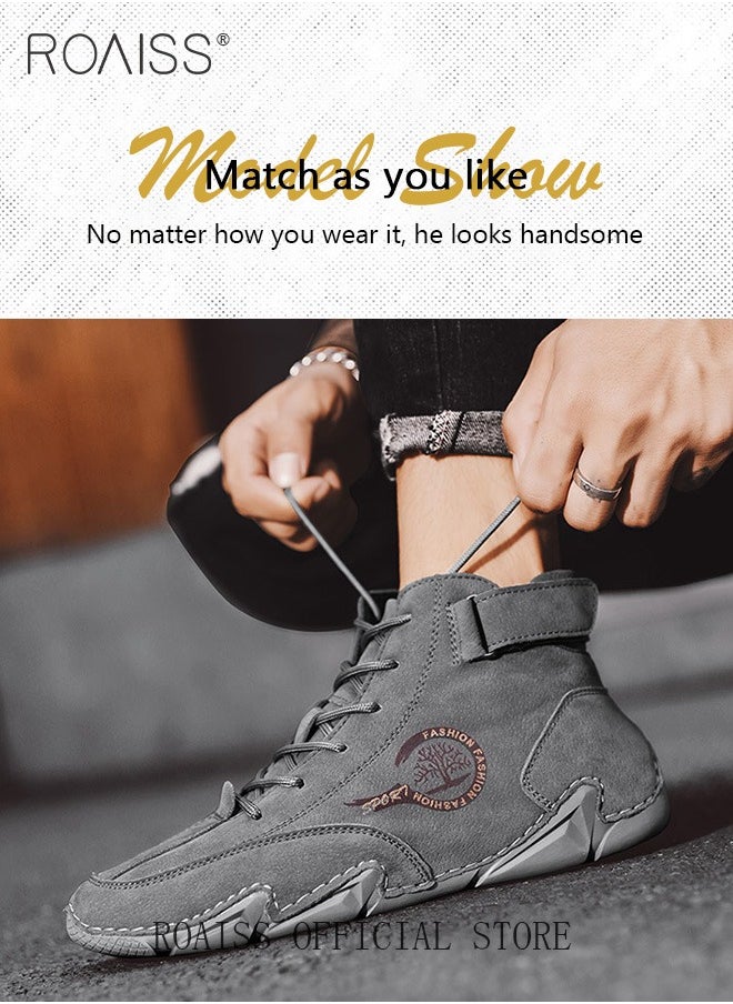 roaiss Men’s Soft Leather Ankle Casual Loafers Lace-Up Anti Slip Walking Shoes Men's Tooling Style Martin Boots Men Casual Mid Top Leather Boots  Men's Boots Ankle Lace Up Casual Boots  - Image 2