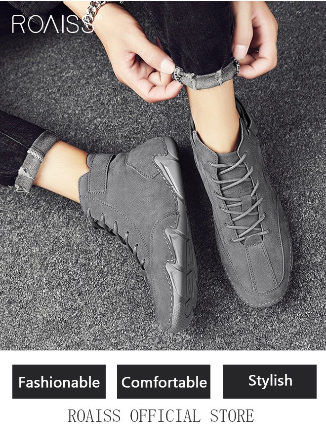 roaiss Men’s Soft Leather Ankle Casual Loafers Lace-Up Anti Slip Walking Shoes Men's Tooling Style Martin Boots Men Casual Mid Top Leather Boots  Men's Boots Ankle Lace Up Casual Boots  - Image 5