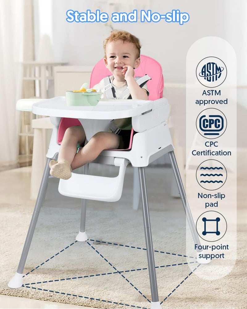 Bellababy 3-in-1 Baby High Chair, Adjustable Convertible Infant Baby Feeding Chair Booster for Eating with Detachable Tray, 5-Point Harness, Pink - Image 3