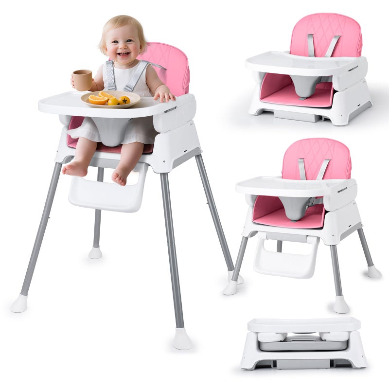 Bellababy 3-in-1 Baby High Chair, Adjustable Convertible Infant Baby Feeding Chair Booster for Eating with Detachable Tray, 5-Point Harness, Pink - Image 1