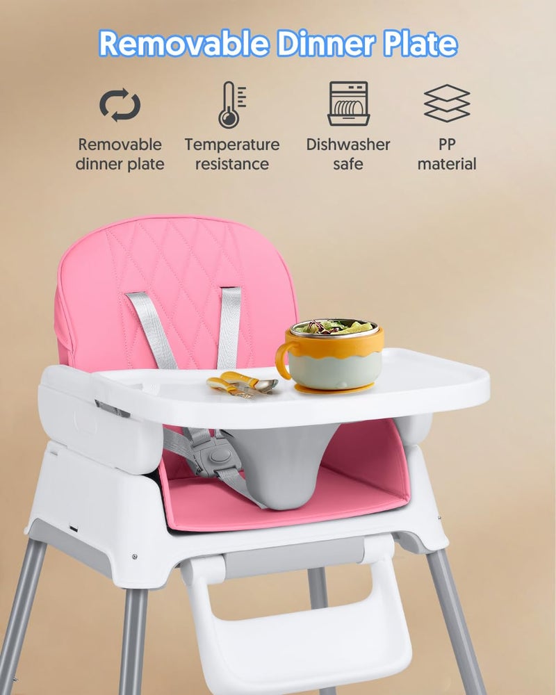Bellababy 3-in-1 Baby High Chair, Adjustable Convertible Infant Baby Feeding Chair Booster for Eating with Detachable Tray, 5-Point Harness, Pink - Image 5