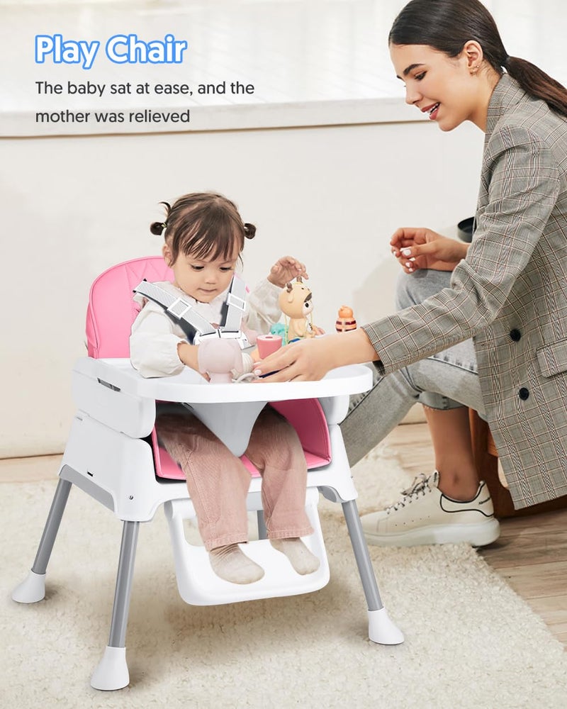 Bellababy 3-in-1 Baby High Chair, Adjustable Convertible Infant Baby Feeding Chair Booster for Eating with Detachable Tray, 5-Point Harness, Pink - Image 4