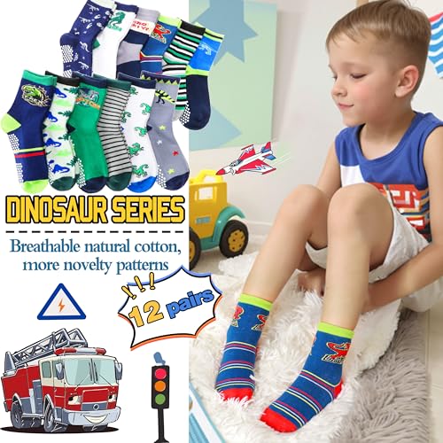 Welwoos Baby Boys Grips Socks Kids Toddlers Infants Non Slip Anti Skid Funny Animal Cartoon Gift Cotton Socks with Grippers 12 Pairs Stocking Stuffers (Dinosaur,5-8 Y) - Image 3