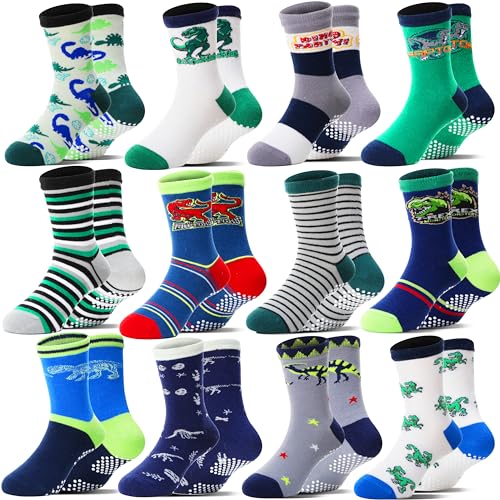Welwoos Baby Boys Grips Socks Kids Toddlers Infants Non Slip Anti Skid Funny Animal Cartoon Gift Cotton Socks with Grippers 12 Pairs Stocking Stuffers (Dinosaur,5-8 Y) - Image 1