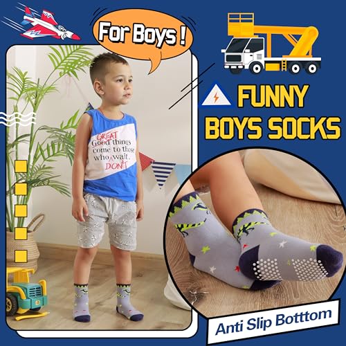 Welwoos Baby Boys Grips Socks Kids Toddlers Infants Non Slip Anti Skid Funny Animal Cartoon Gift Cotton Socks with Grippers 12 Pairs Stocking Stuffers (Dinosaur,5-8 Y) - Image 4