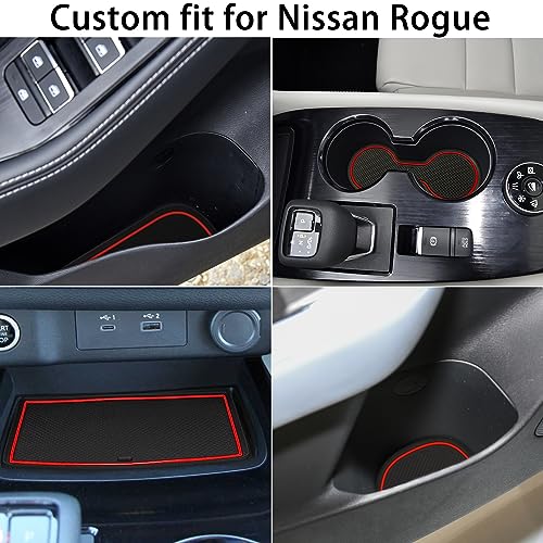 LOCOY Center Console Liner for Nissan Rogue Accessories 2021-2023 2024 2025, Cup Holder Mat, Door Pocket Pad, Coaster Trim, Non-Slip Dust Interior, Custom Rubber Decoration Insert (17 Pcs, Red Trims) - Image 3