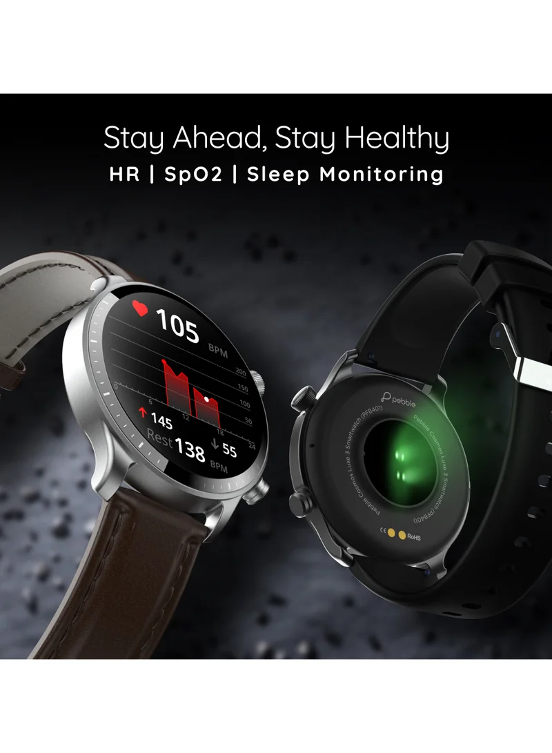 Pebble Cosmos Luxe 3, 1.43" Amoled Display Smartwatch, Round Shaped Dial, Compatible with Android & iOS, IP67 Water Resistant, Health Suite, Multiple Watch Faces, AI Voice Assistance, Whiskey Brown