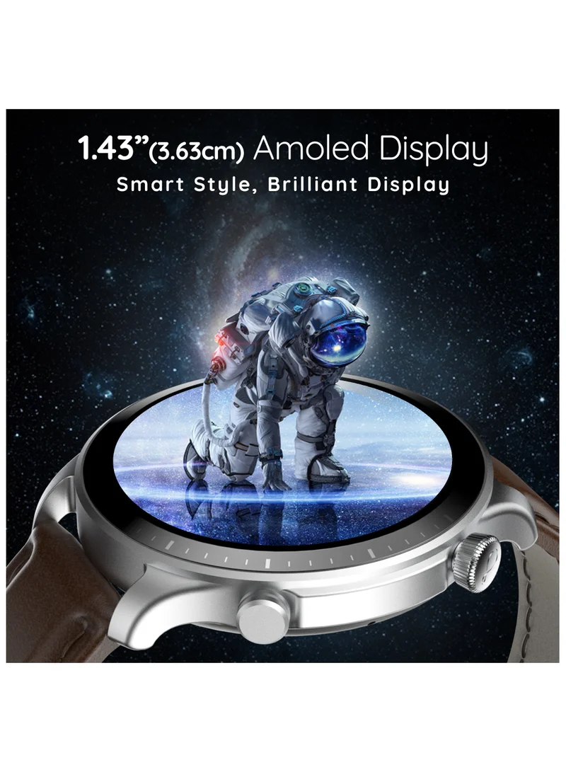 Pebble Cosmos Luxe 3, 1.43" Amoled Display Smartwatch, Round Shaped Dial, Compatible with Android & iOS, IP67 Water Resistant, Health Suite, Multiple Watch Faces, AI Voice Assistance, Whiskey Brown