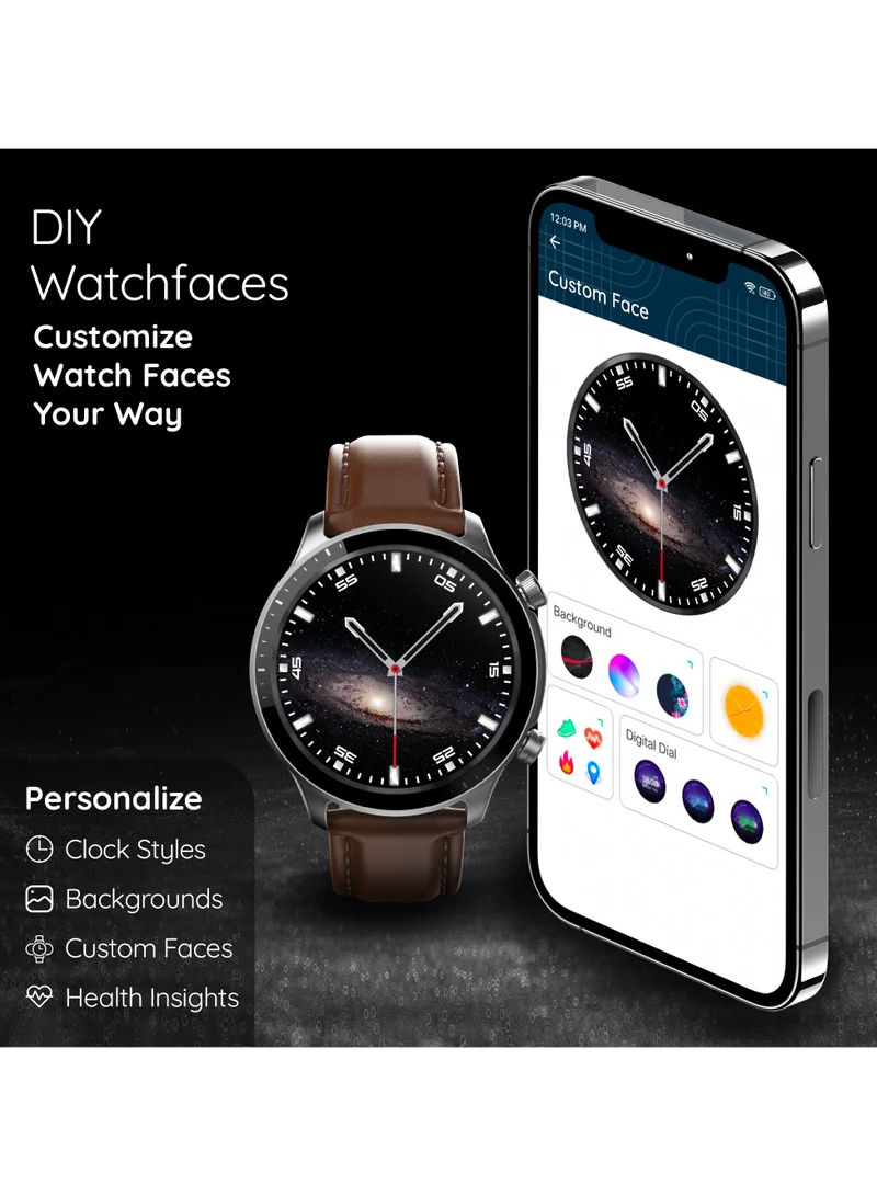 Pebble Cosmos Luxe 3, 1.43" Amoled Display Smartwatch, Round Shaped Dial, Compatible with Android & iOS, IP67 Water Resistant, Health Suite, Multiple Watch Faces, AI Voice Assistance, Whiskey Brown