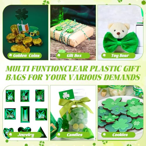 Bulyoou 24 Pcs Clear St. Patrick's Day Gift Bag with Raffia Lucky Clover Tag Plastic St. Patrick's Day Party Favor Bag Shamrock Goodie Bag Clover Irish PVC Wrap Bag with Handle for Party Supplies - Image 5