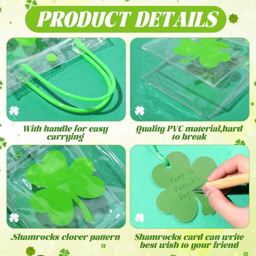 Bulyoou 24 Pcs Clear St. Patrick's Day Gift Bag with Raffia Lucky Clover Tag Plastic St. Patrick's Day Party Favor Bag Shamrock Goodie Bag Clover Irish PVC Wrap Bag with Handle for Party Supplies - Image 3