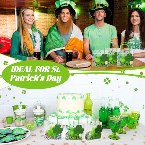 Bulyoou 24 Pcs Clear St. Patrick's Day Gift Bag with Raffia Lucky Clover Tag Plastic St. Patrick's Day Party Favor Bag Shamrock Goodie Bag Clover Irish PVC Wrap Bag with Handle for Party Supplies - Image 4