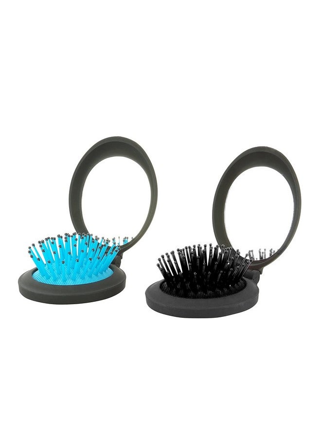 NuAngela NuAngela Mini Hairbrush, Folding Hair Brush With Mirror Set, Compact Pocket Size, Travel Pop Up Hair Comb, Easy Keep in Purse, Gym Car Bag (2 Count (Pack of 1), Black Blue)  - Image 1