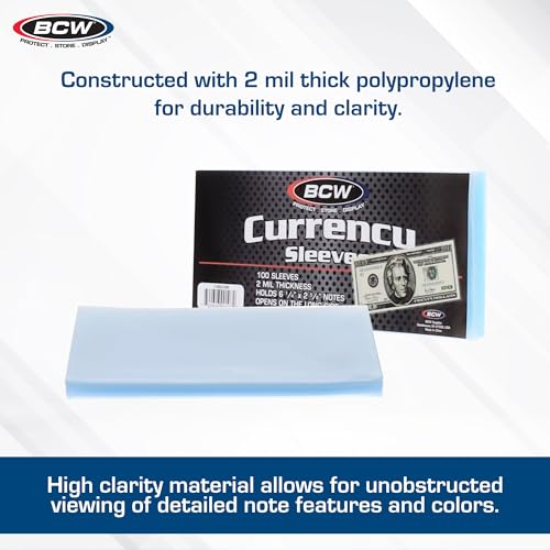 BCW Regular Bill Currency Sleeves - 100-Pack | Acid-Free, Archival Safe Polypropylene Sleeves for Collectible Currency | Clear Money Protectors for Storage and Display - Image 2