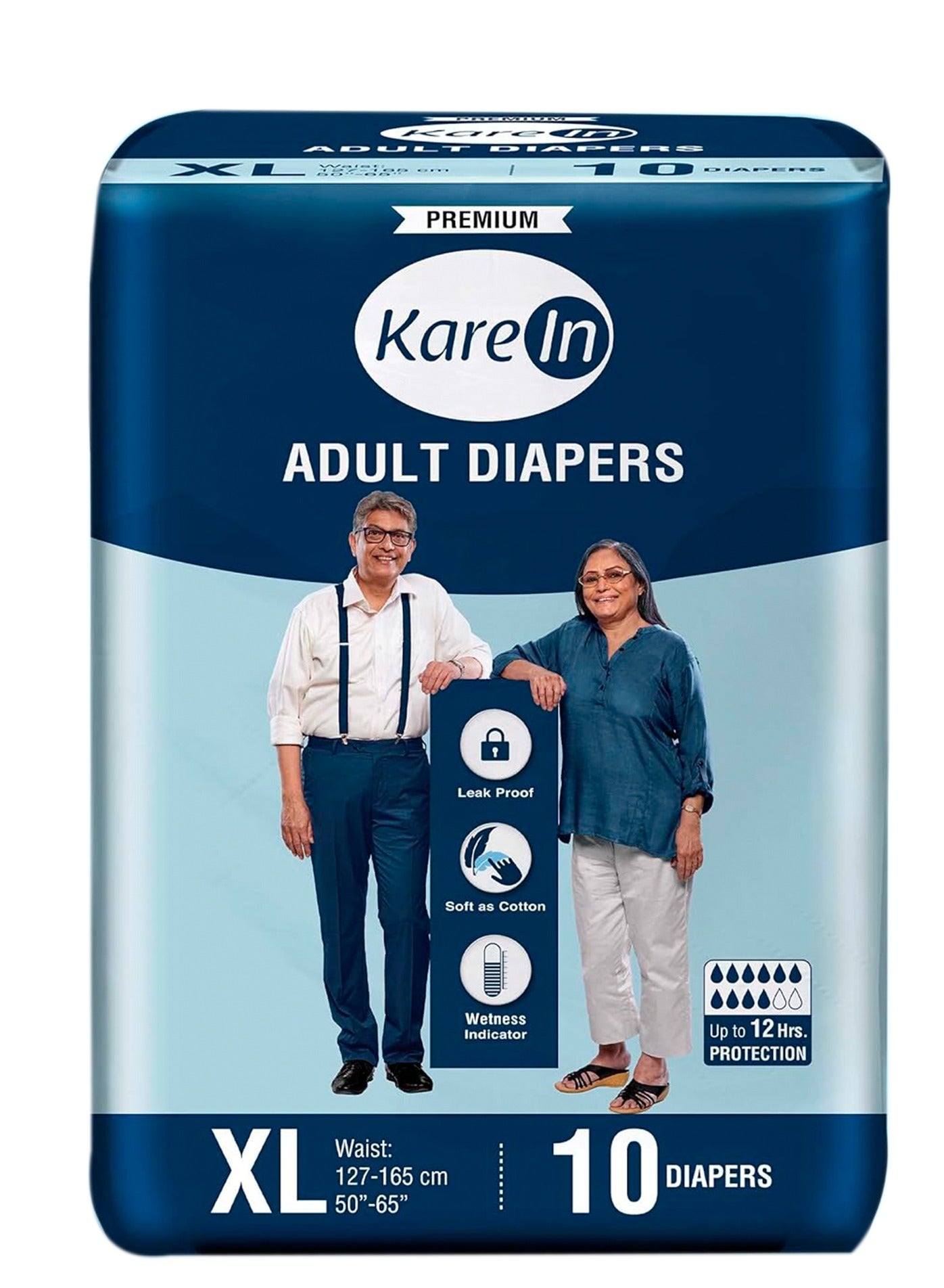 Kare In Adult Diaper Tape Style Extra Large Waist Size 127-165cm (50"-65") 10 Pieces | Leak Proof | Wetness Indicator | High Absorbency Upto 12 Hours Protection | Re-Fastenable Tapes | Unisex Diaper