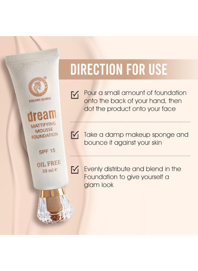 Colors Queen Dream Mattifying Mousse Foundation, Oil Free Matte Finish Foundation with SPF-15, Long Lasting Lightweight Buildable Coverage Foundation for Face Makeup (01 - Ivory) 30ml - Image 3