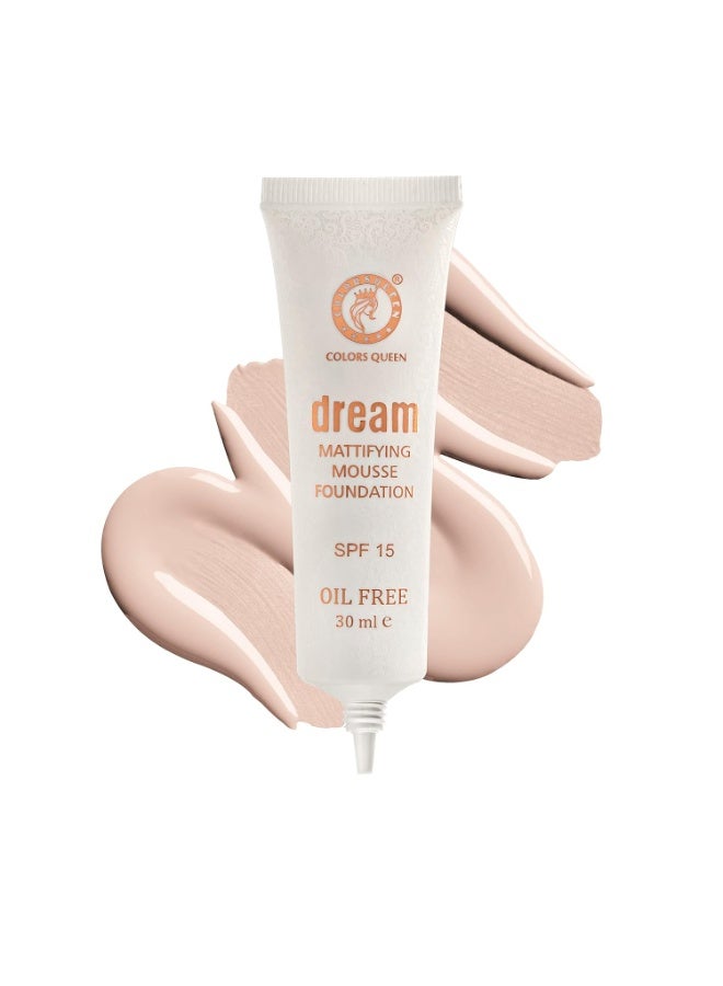 Colors Queen Dream Mattifying Mousse Foundation, Oil Free Matte Finish Foundation with SPF-15, Long Lasting Lightweight Buildable Coverage Foundation for Face Makeup (01 - Ivory) 30ml - Image 1