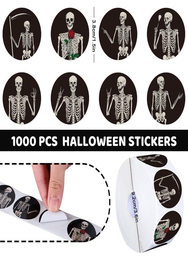 Whaline 1000Pcs Halloween Stickers Roll Self Adhesive Halloween Skeleton Stickers Halloween Skull Decal Stickers Round Adhesive Stickers for Halloween Party Favor Decor, 8 Design - Image 2