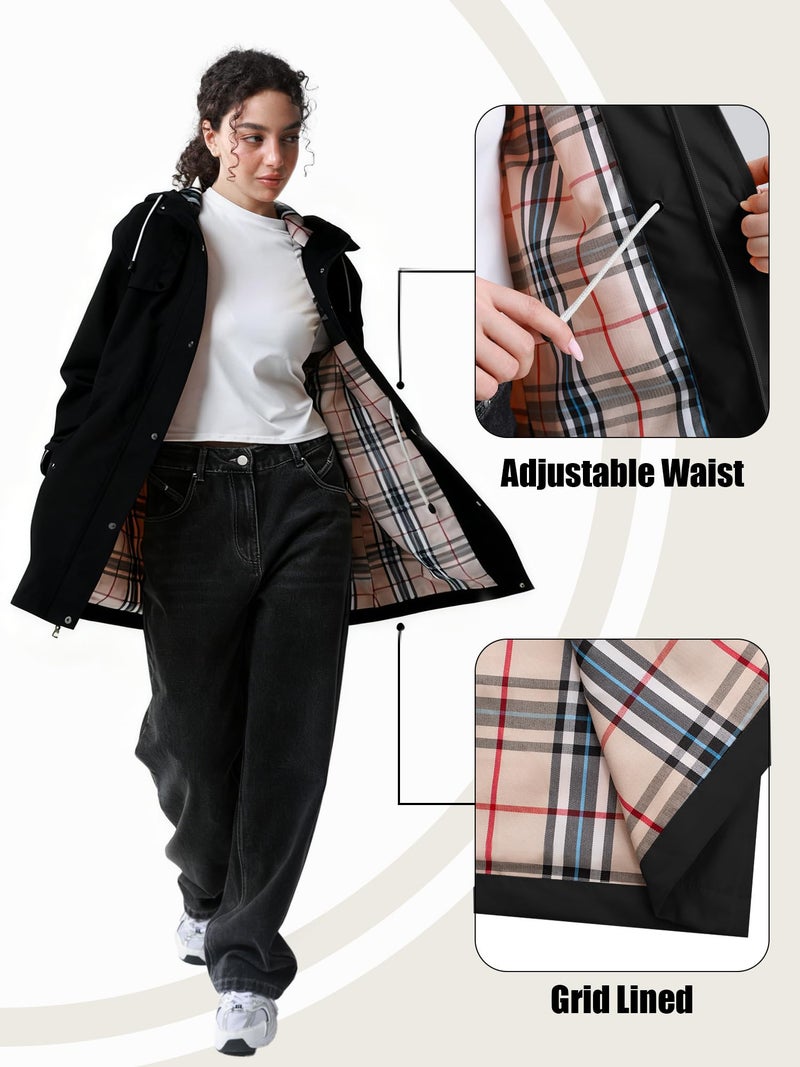 PITINAN Womens Rain Jacket Plaid Lined Windbreaker Waterproof Coat Women Adjustable Waist Long Trench Coat Long Rain Jacket Women Spring Coats Outdoor Cycling Camping Black L - Image 3