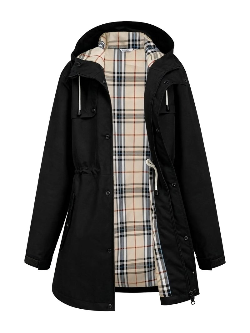 PITINAN Womens Rain Jacket Plaid Lined Windbreaker Waterproof Coat Women Adjustable Waist Long Trench Coat Long Rain Jacket Women Spring Coats Outdoor Cycling Camping Black L - Image 1