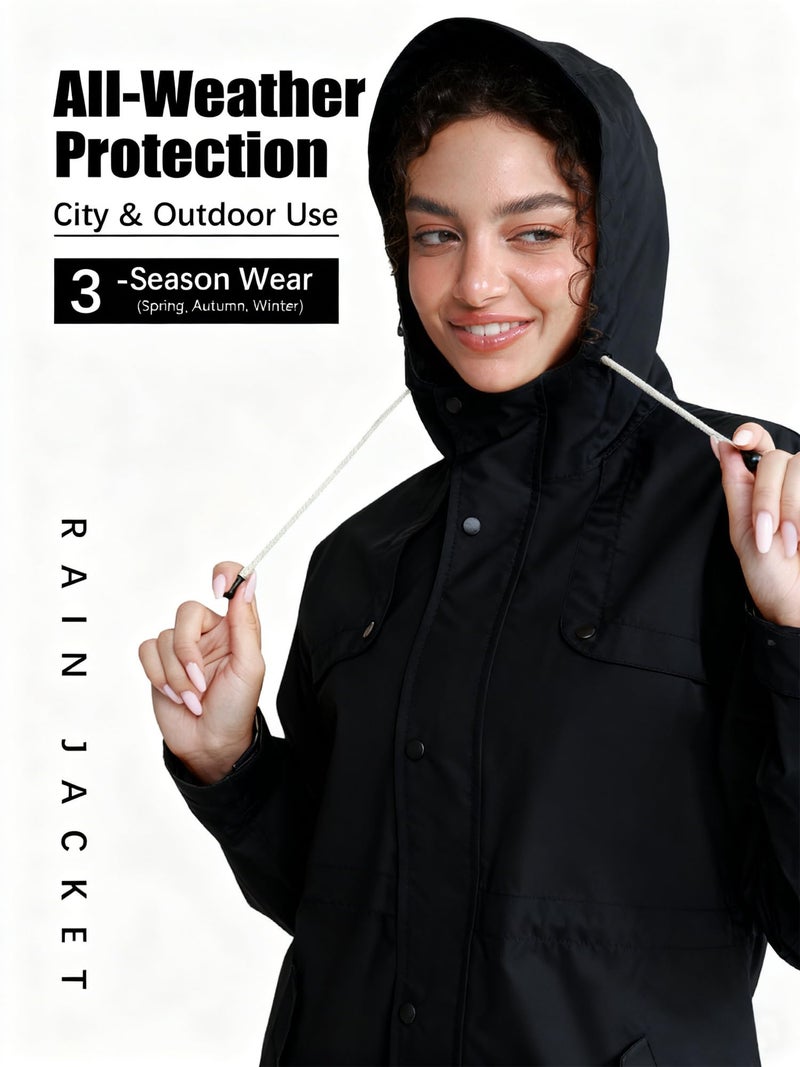 PITINAN Womens Rain Jacket Plaid Lined Windbreaker Waterproof Coat Women Adjustable Waist Long Trench Coat Long Rain Jacket Women Spring Coats Outdoor Cycling Camping Black L - Image 5