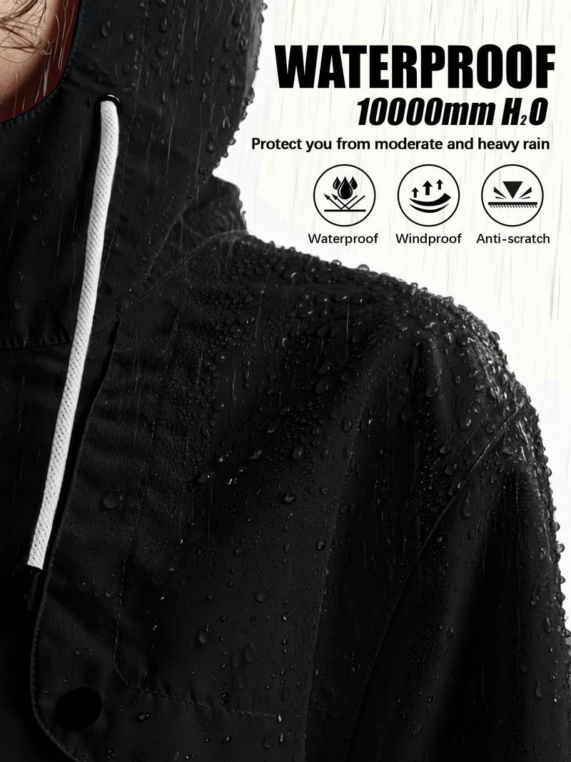 PITINAN Womens Rain Jacket Plaid Lined Windbreaker Waterproof Coat Women Adjustable Waist Long Trench Coat Long Rain Jacket Women Spring Coats Outdoor Cycling Camping Black L - Image 2