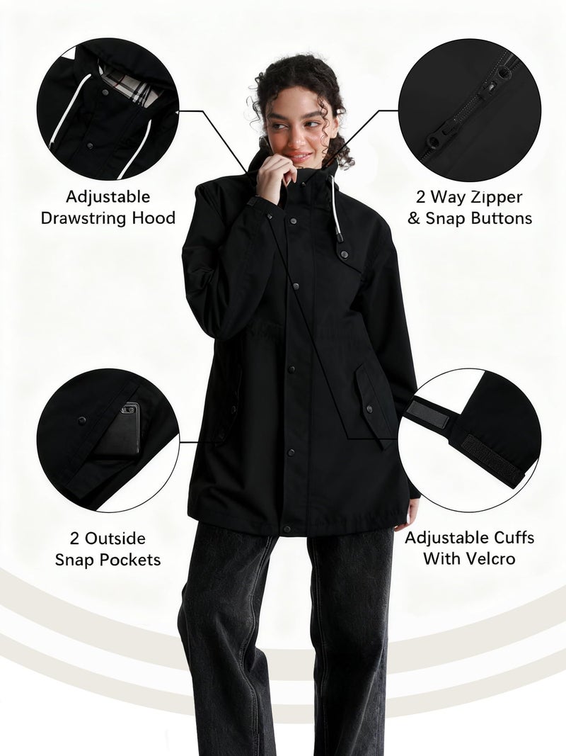 PITINAN Womens Rain Jacket Plaid Lined Windbreaker Waterproof Coat Women Adjustable Waist Long Trench Coat Long Rain Jacket Women Spring Coats Outdoor Cycling Camping Black L - Image 4