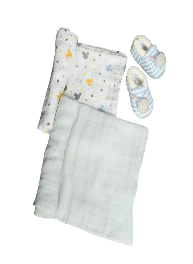 Coocuddle Bamboo Muslin Swaddle: Cartoon & Plain Mint Grey - Set of Two, Organic Cotton, Soft & Breathable, Ideal for Newborns, Perfect for Swaddling, Daily Use & Baby Sleep - Image 1