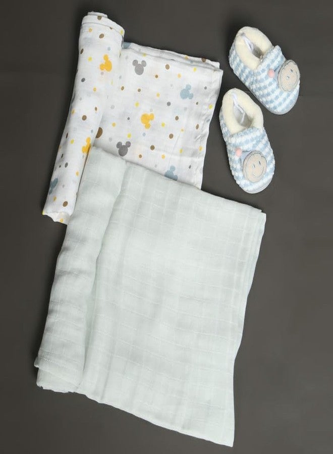 Coocuddle Bamboo Muslin Swaddle: Cartoon & Plain Mint Grey - Set of Two, Organic Cotton, Soft & Breathable, Ideal for Newborns, Perfect for Swaddling, Daily Use & Baby Sleep - Image 2