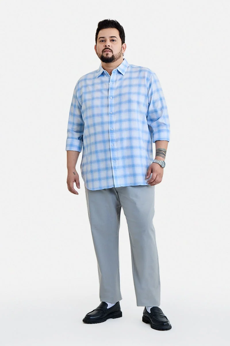 سنيتش Light Blue Checkered Long Sleeve Regular Fit Plus Size Shirt