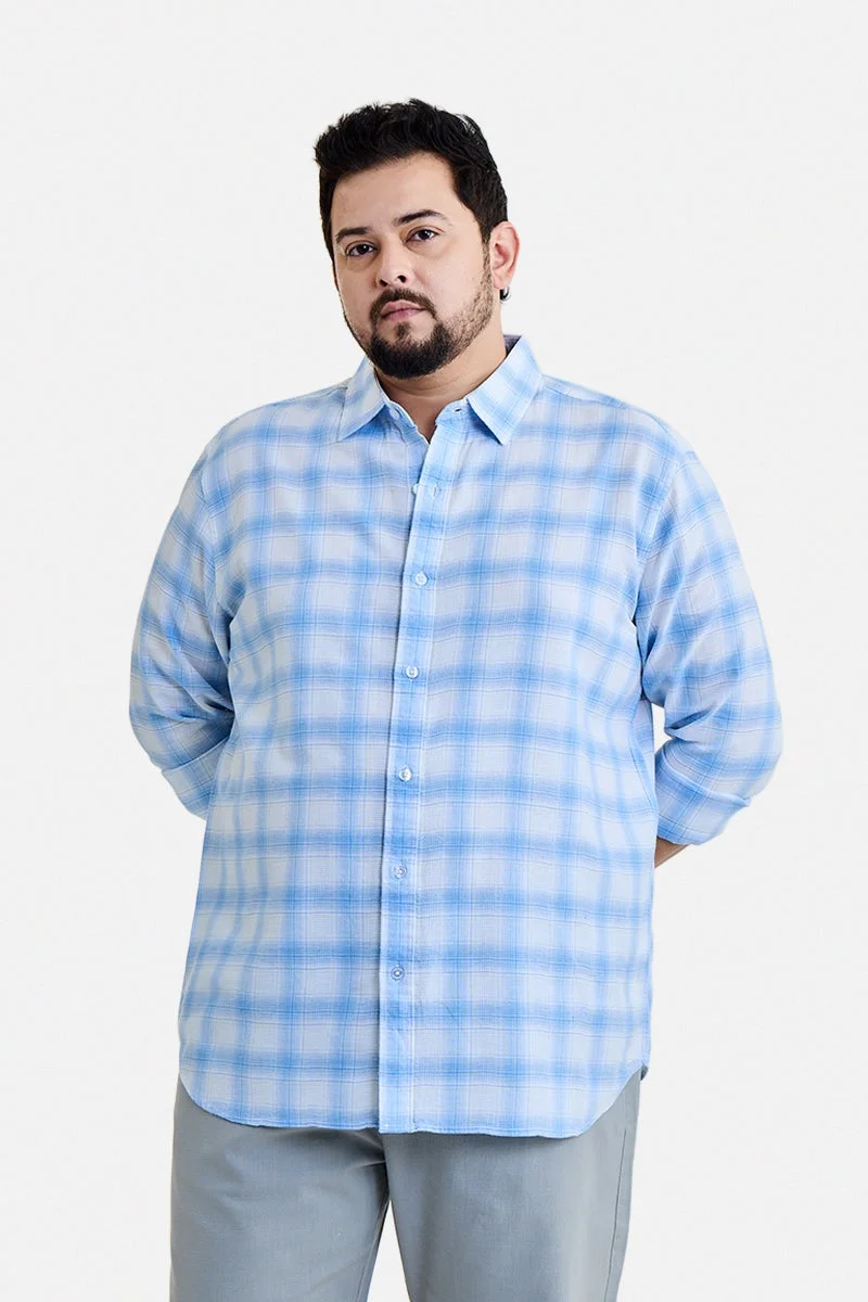 سنيتش Light Blue Checkered Long Sleeve Regular Fit Plus Size Shirt