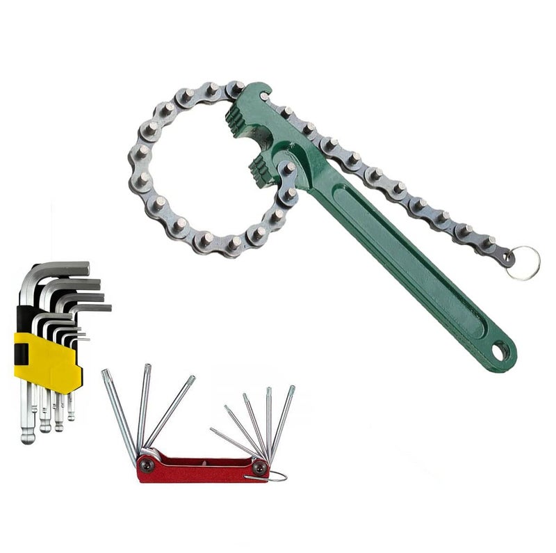 Digital Craft 3 Item Combo 9 Inch MultiPurpose Motorcycle Car Engine Oil Filter Chain Wrench Spanner Removal Tool 225 Adjustable Wrench With Chain Wrench Folding Trox Allen Key Hex Allen Key Set - Image 1