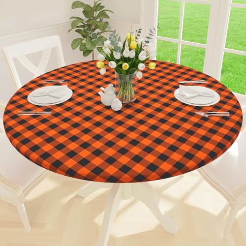 Smiry Round Picnic Tablecloth Elastic Waterproof Fitted Vinyl Tablecloths for 3644 Tables Flannel Backed Buffalo Plaid Table Cover for Dining Camping Outdoor Black and Orange
