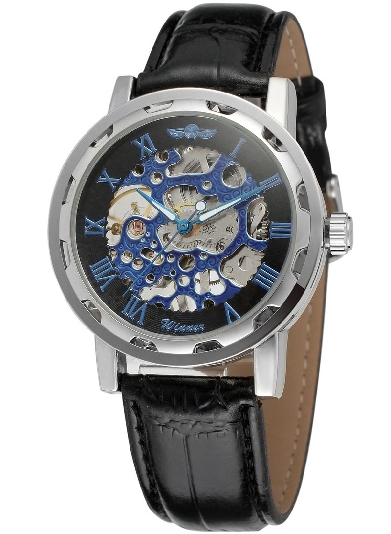 Winner Men's Watch, Mechanical Skeleton Hand-Wind Steampunk Bling Watch for Men Women, Roman Numeral PU Leather Silver Rose-Gold Case Unisex Wrist Watch
