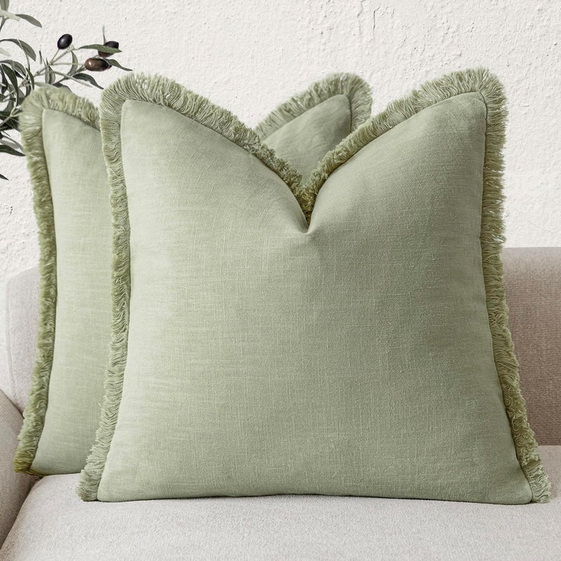 Foindtower Set of 2 Decorative Linen Fringe Throw Pillow Covers Boho Farmhouse Cushion Cover with Tassels Soft Accent Pillowcase for Couch Sofa Bed Living Room Home Decor,24×24 Inch,Light Sage Green - Image 1